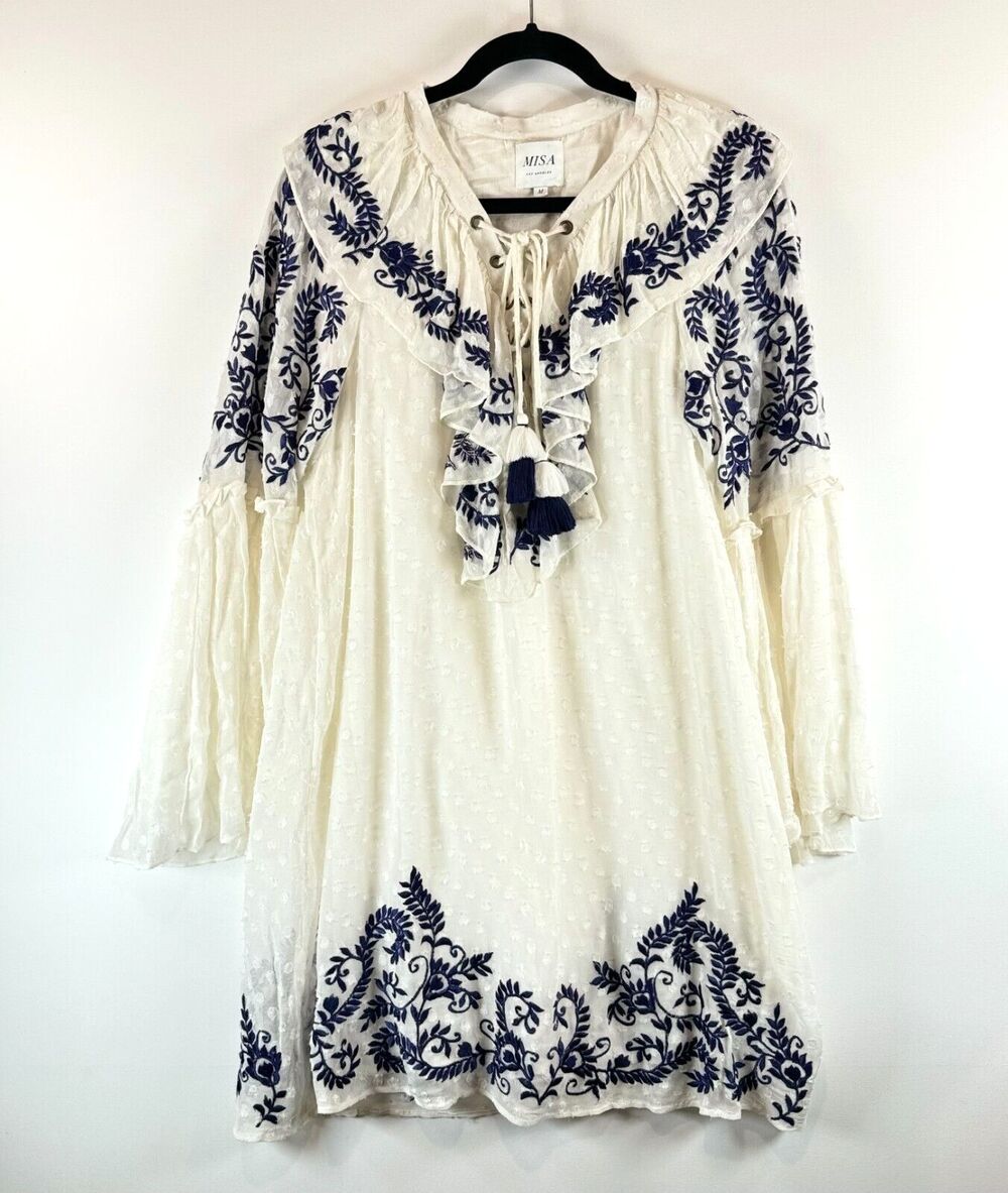 Misa Womens Dress White Mini Ruffle Embroidered Flare Cottagecore Boho Medium